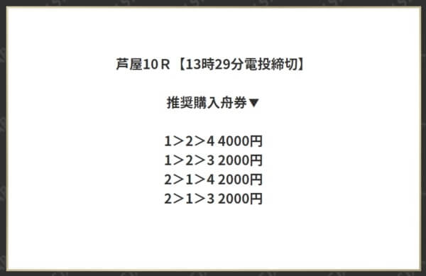 オールスター無料予想ページの芦屋10R推奨購入舟券