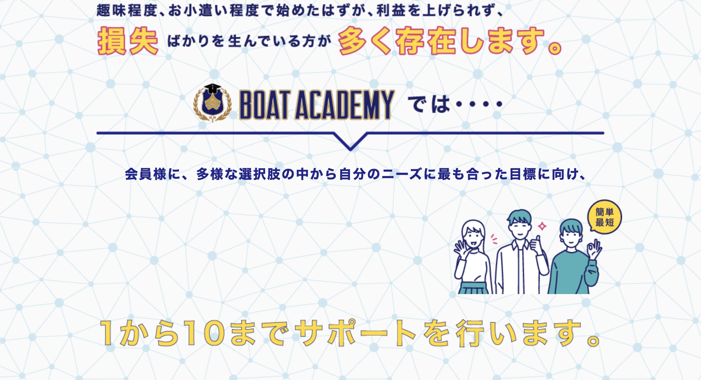 BOAT ACADEMYのロゴと『損失ばかりを生んでいる方が多く存在します』という訴求文、『1から10までサポートを行います』という案内