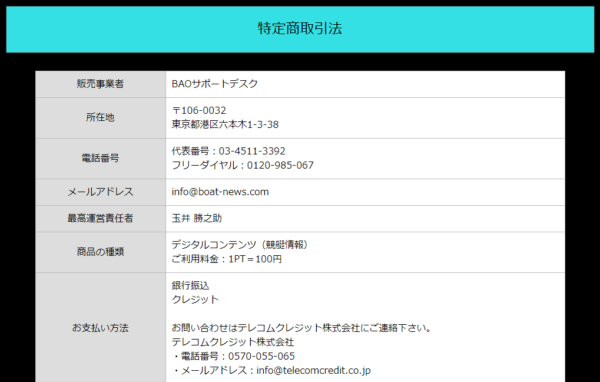 ボートアートオンライン公式サイトの特定商取引法に基づく表記。販売事業者はBAOサポートデスク、所在地は東京都港区六本木1-3-38、最高運営責任者は玉井勝之助と記載されている