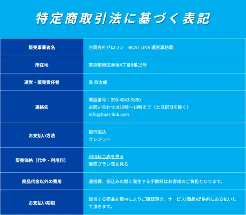 ボートリンク公式サイトの特定商取引法に基づく表記