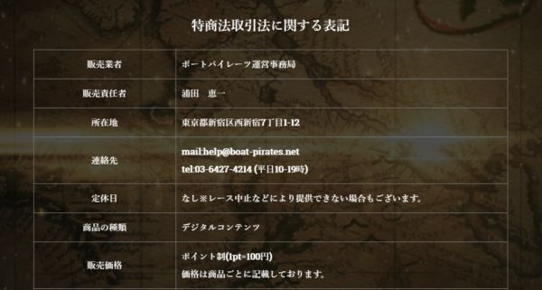 ボートパイレーツの特定商取引法に基づく表記