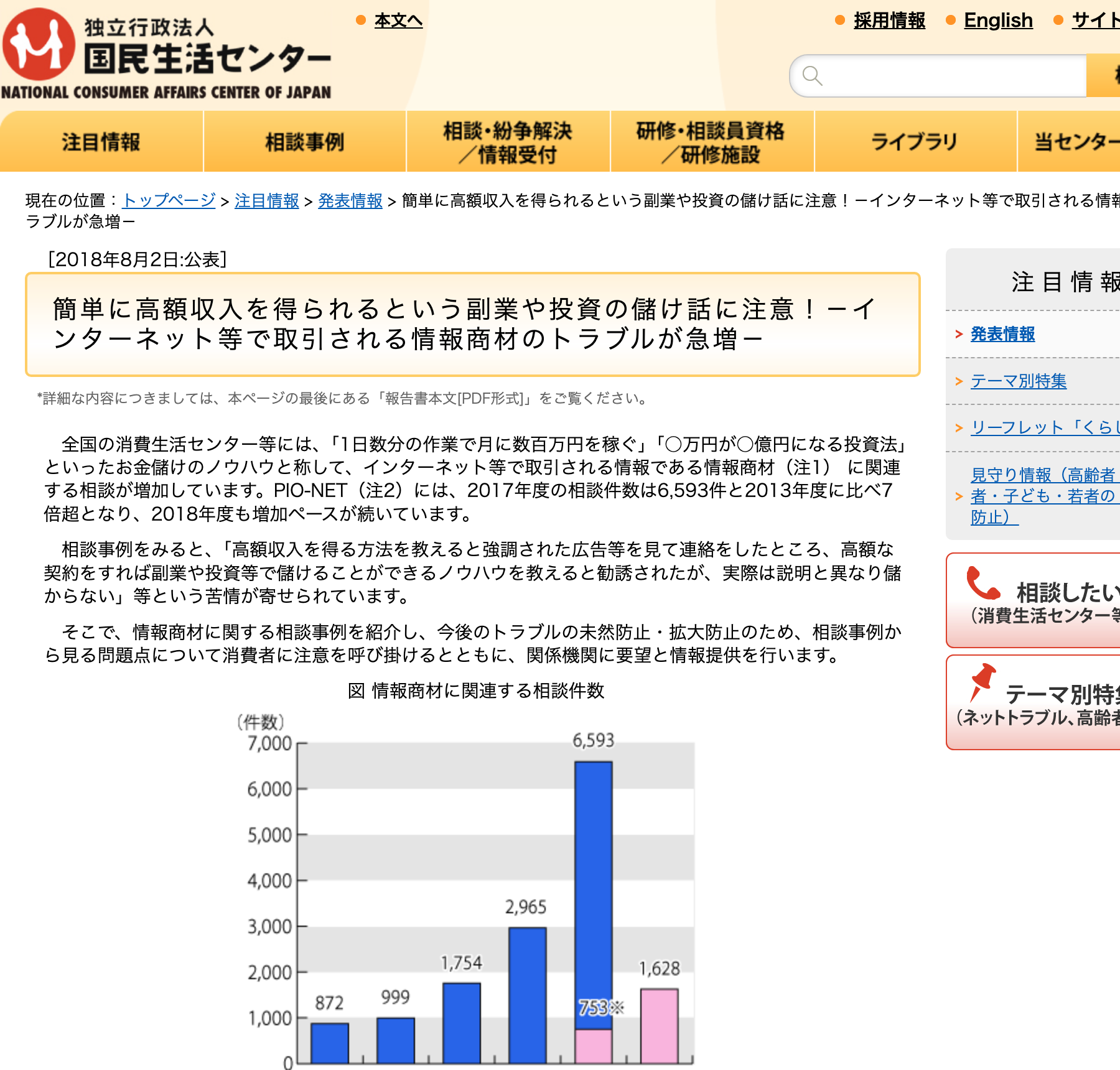 国民生活センターの情報商材トラブルに関する注意喚起ページ