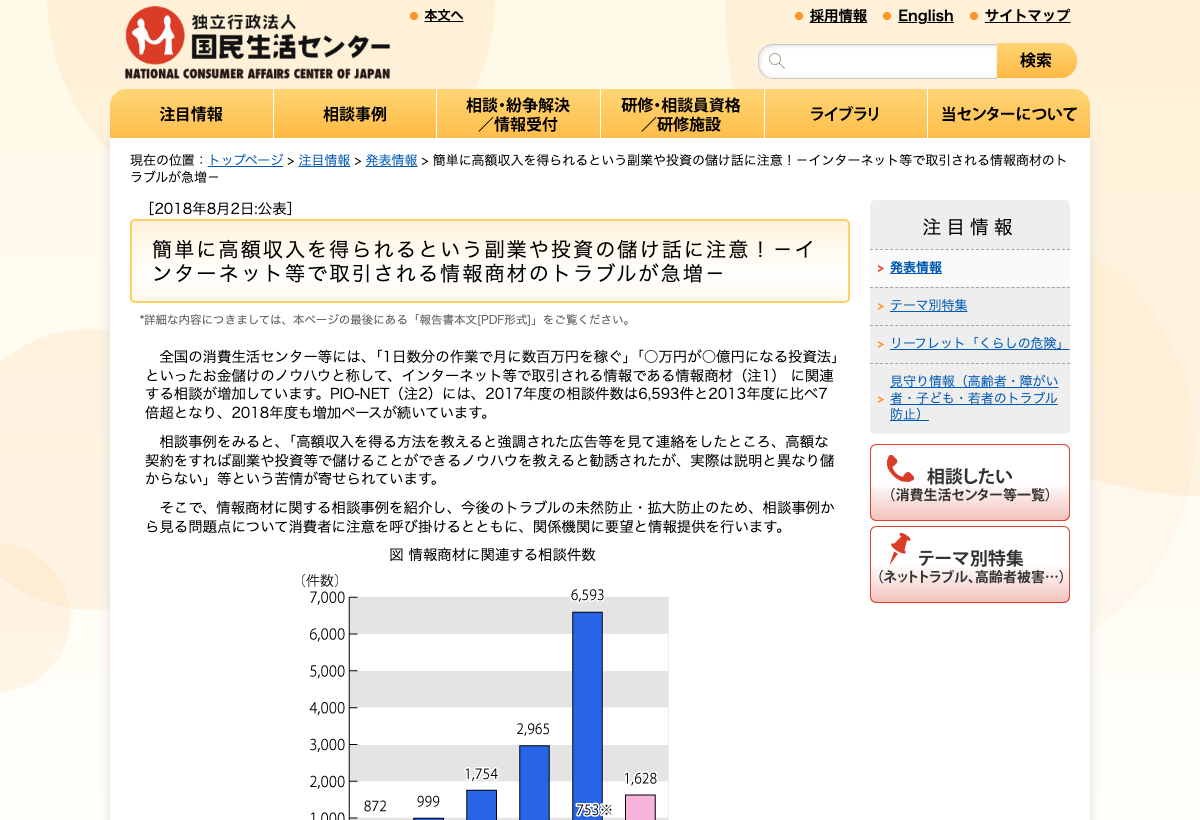 国民生活センターの注意喚起ページ