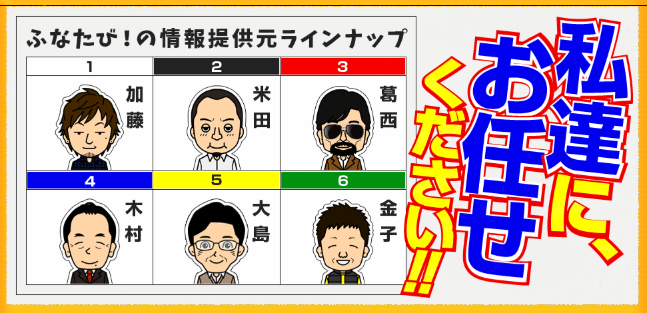 ふなたび！の情報提供元ラインナップとして紹介されている6名のイラスト