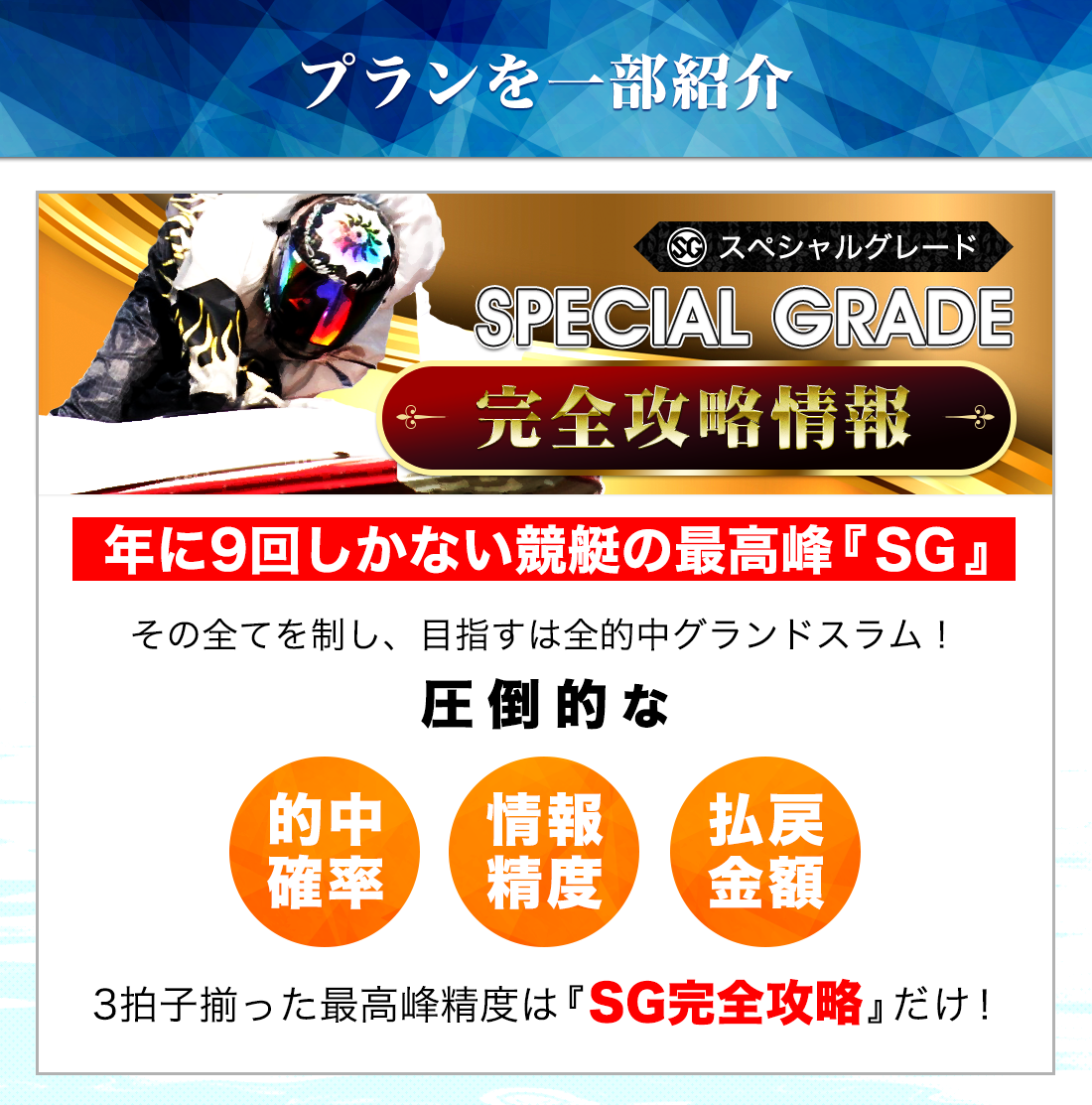 「SPECIAL GRADE 完全攻略情報」プランの案内。「年に9回しかない競艇の最高峰『SG』、その全てを制し、目指すは全的中グランドスラム」「圧倒的な的中確率・情報精度・払戻金額」と書かれている