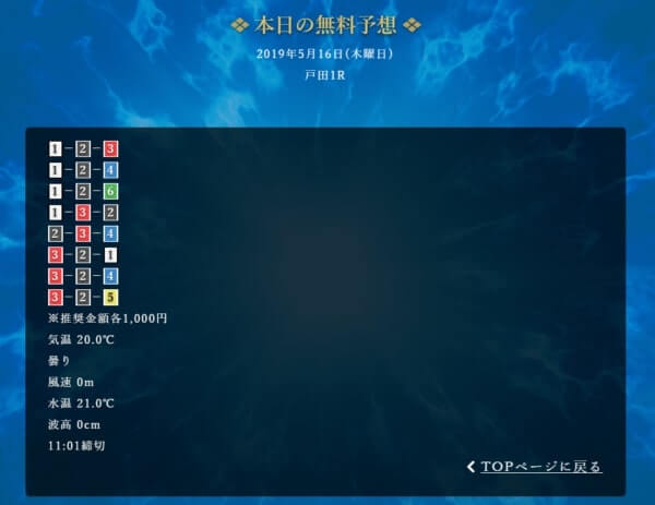 勝舟の無料予想画面（2019年5月16日・戸田1R）