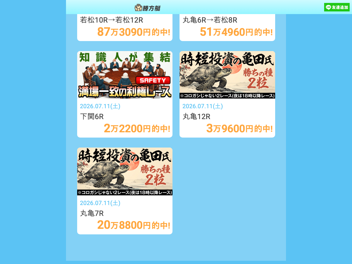 勝方艇公式サイトの的中実績表示