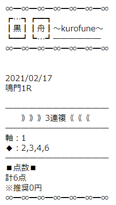 黒舟の無料予想の買い目（鳴門1R）