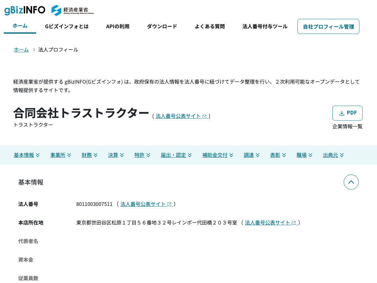 gBizINFO（国税庁法人番号公表サイトのオープンデータ）の合同会社トラストラクターの登録画面