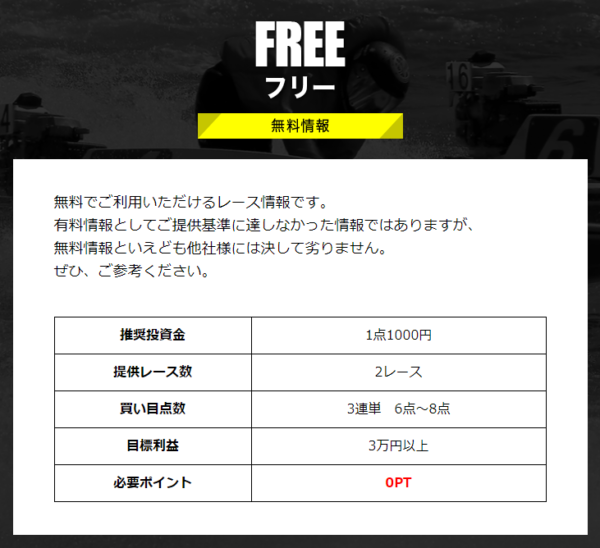 競艇ファンタジスタの無料情報の提供条件を示す案内