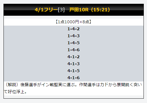 競艇ファンタジスタの無料予想の買い目の一例