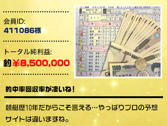 インサイドの会員様の声。会員ID411086様、トータル純利益約8,500,000円と紹介され、福岡10月11日(木)開催の出走表と現金の写真が添えられている