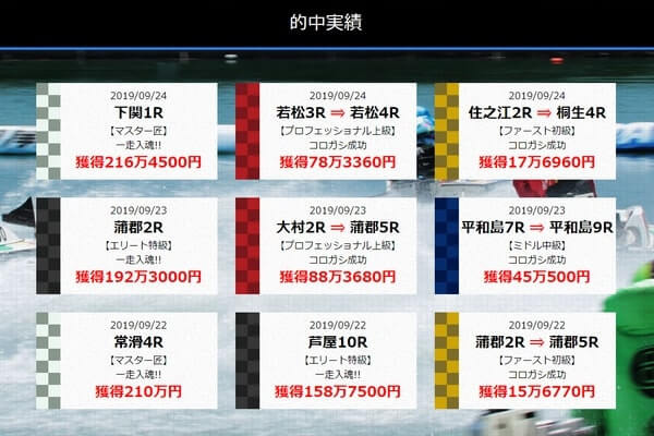 日付・レース場・コース名・払戻金額を並べた的中実績一覧