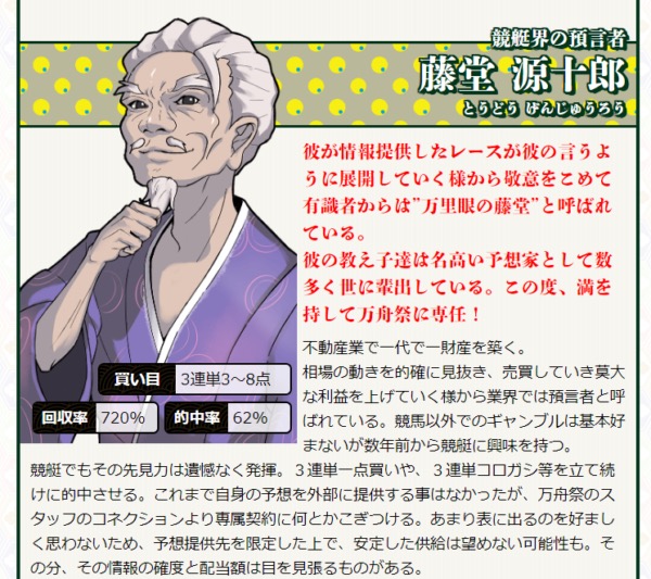 万舟祭の予想家紹介ページに掲載されていた「競艇界の預言者 藤堂源十郎」の紹介文