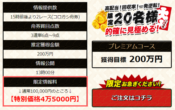 万舟祭のプレミアムコース案内。通常100,000円のところ特別価格4万5000円、獲得目標200万円と表示されている