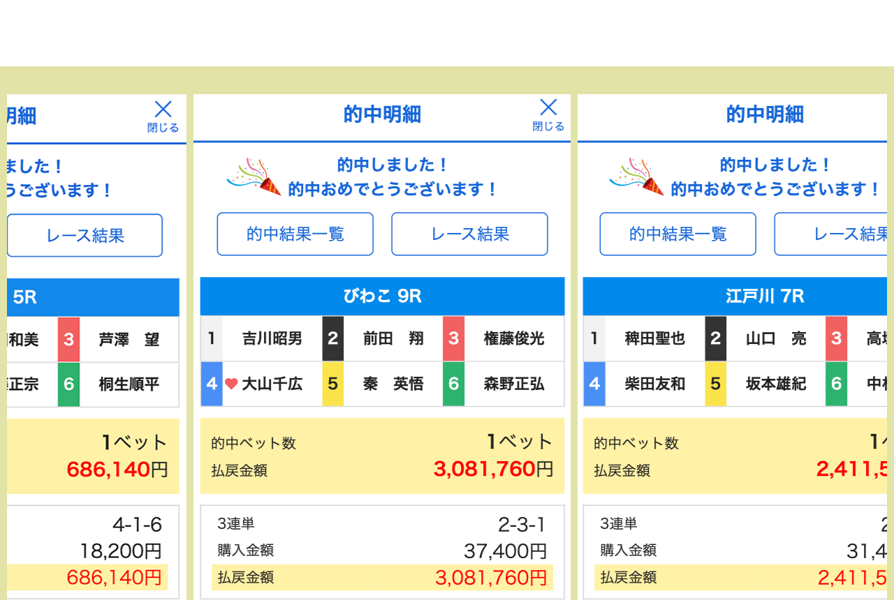 マリンボートの的中実績ポップアップ。レース結果と払戻金額が表示されている