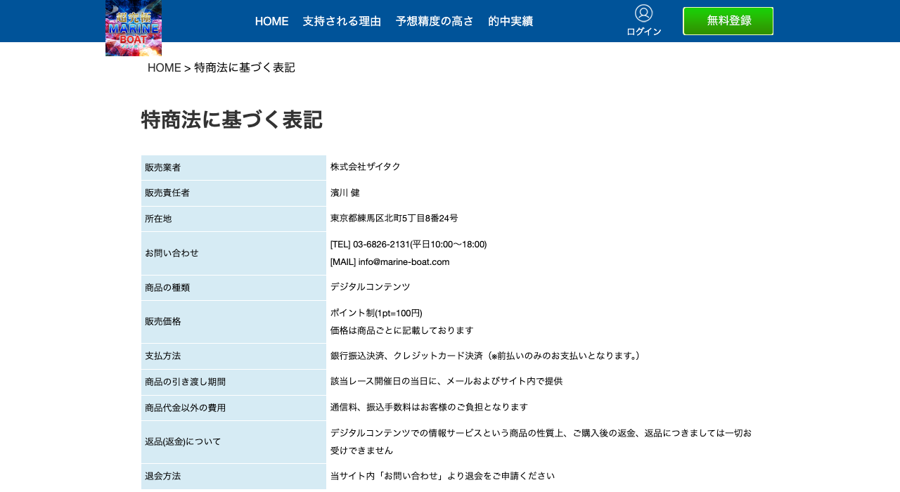 マリンボート公式サイトの特定商取引法に基づく表記