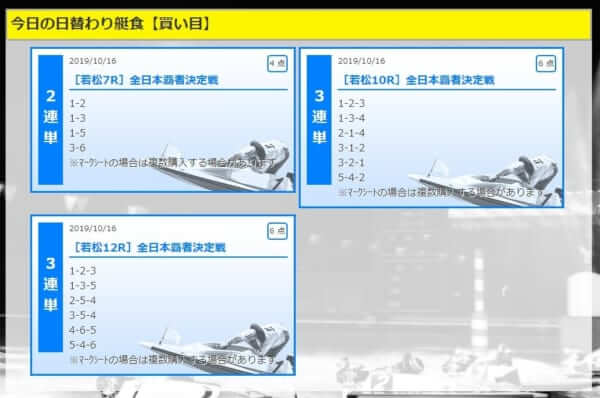 波王の会員限定ページ「日替わり艇食」の買い目案内（サイト稼働当時）