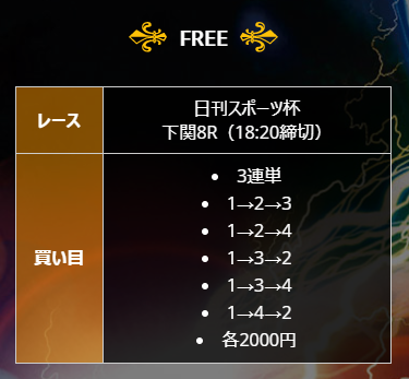 下関8Rの3連単5点買いを案内するナイトボートの無料予想