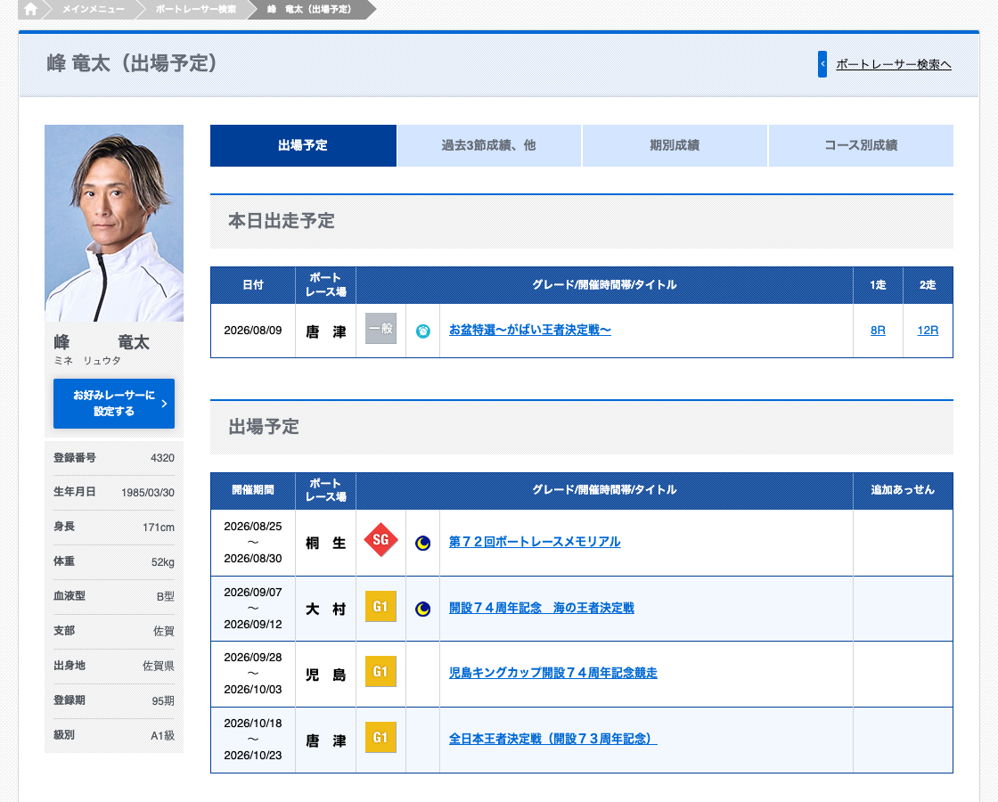 BOATRACE公式サイトの峰竜太選手の出場予定ページ