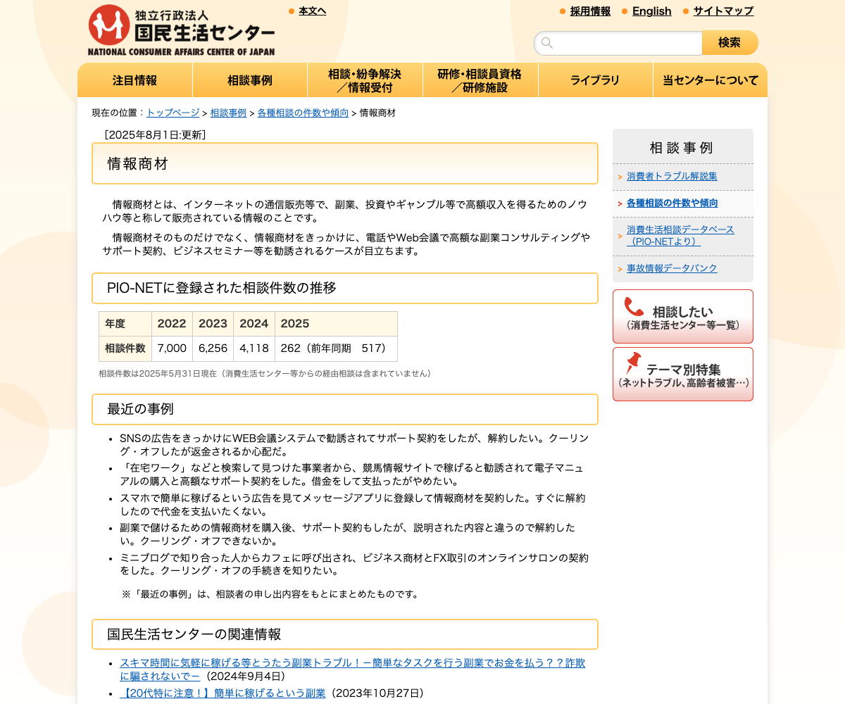 国民生活センター『情報商材』の相談件数と最近の事例