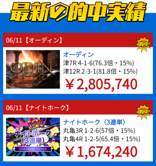 スターボート公式サイトの的中実績ページ（06/11時点の的中報告）