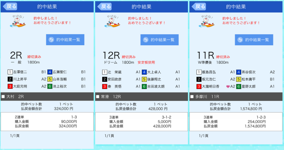 強艇公式サイトで掲載されていた的中結果の案内。大村2R・常滑12R・多摩川11Rの高額払戻が示されている