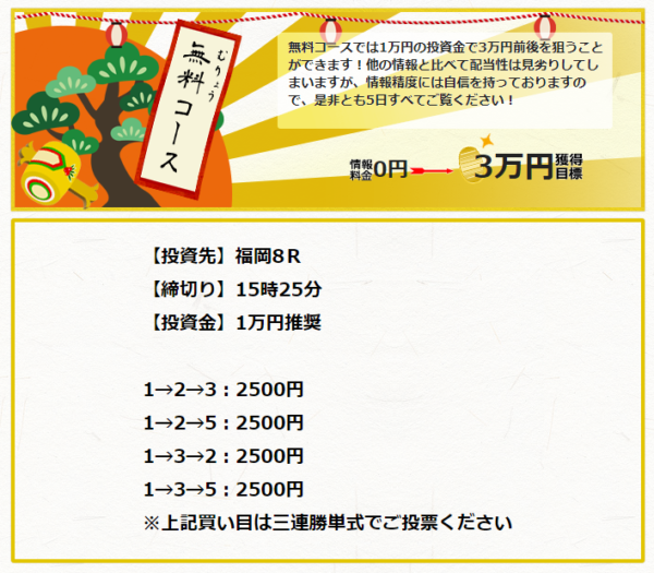 宝船が配信した2020年8月12日の無料予想。投資先は福岡8R、投資金1万円推奨、三連単1-2-3・1-2-5・1-3-2・1-3-5の4点買いが示されている