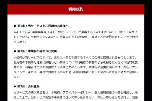 ウォーターフォールのもう一方の利用規約ページ。デザインと条文が異なる