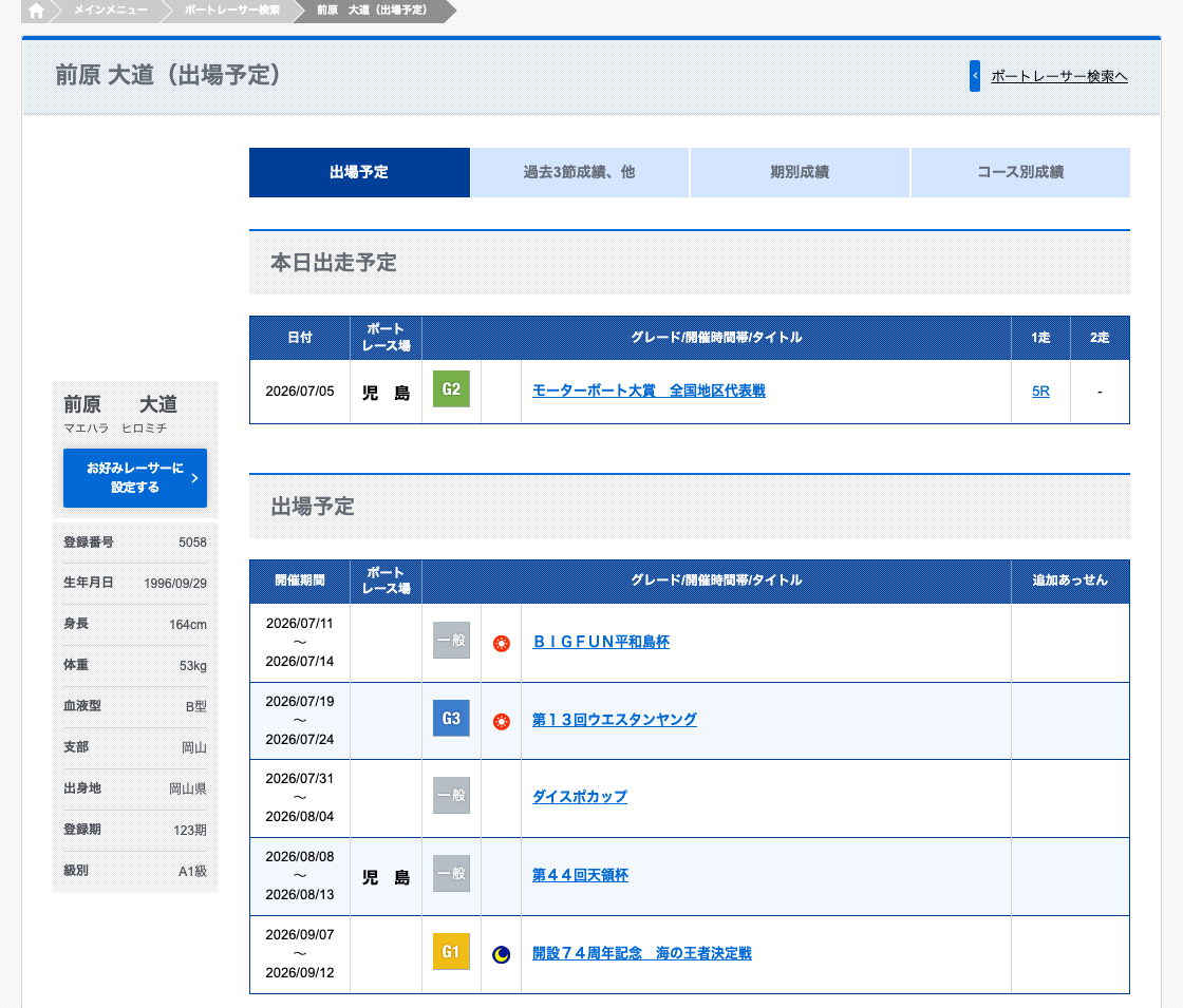 BOATRACE公式サイトの前原大道選手の出場予定ページ