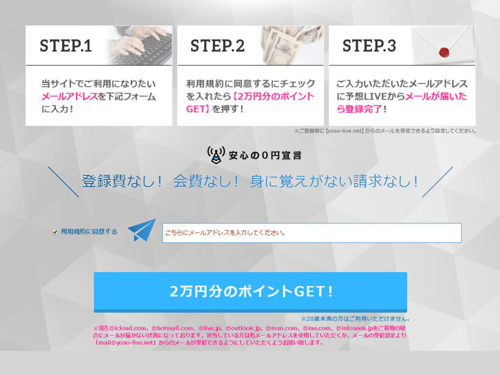 予想LIVEの会員登録ステップと2万円分ポイント進呈の案内
